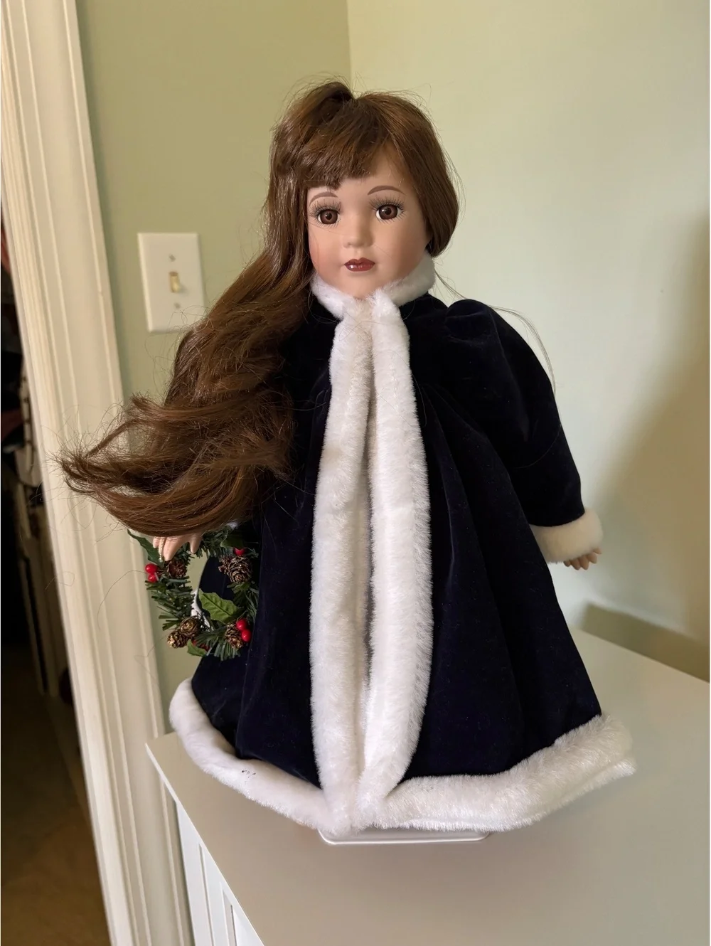 Pretty porcelain doll. Victorian Christmas.